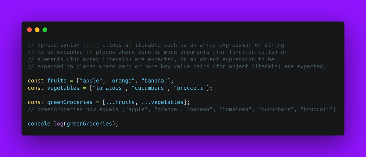 mernstack_io's tweet image. Spread syntax is a cool #Javascript feature that allows you to spread arrays with ease 💜

In case you don&apos;t understand something, make sure to check the MDN for more details.
developer.mozilla.org/en-US/docs/Web…
#reactjs #webdevelopment #nodejs #css #html #100DaysOfCode #code #codenewbie