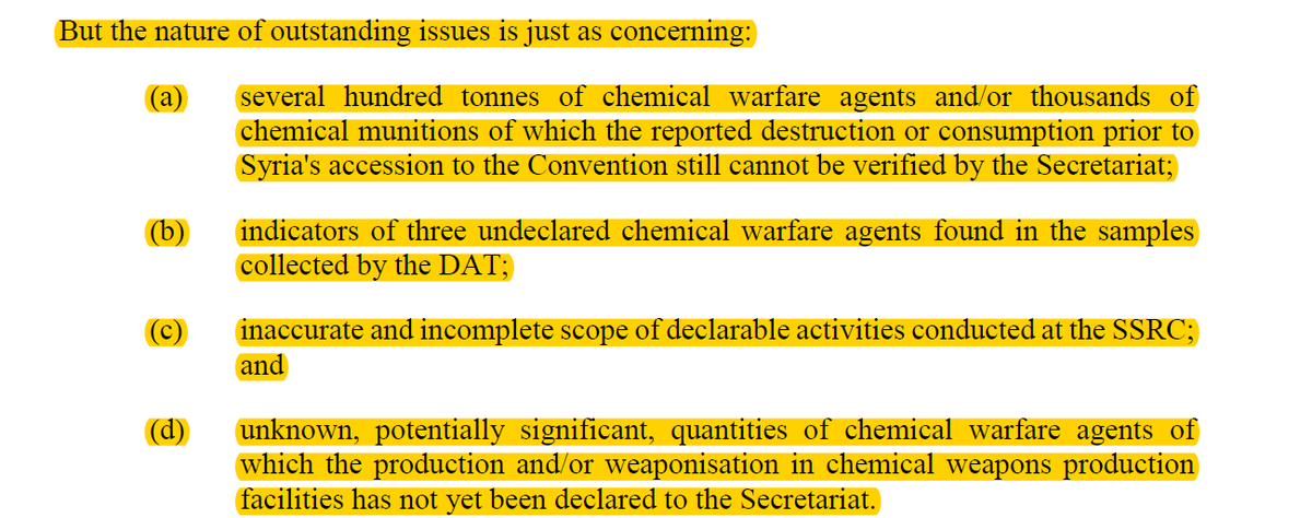 (11/12) The nature of these outstanding issues undermines the Chemical Weapon Convention. Every State Party has an international legal obligation to destroy its CWs. Syria still possesses CWs and the capabilities to deploy them.