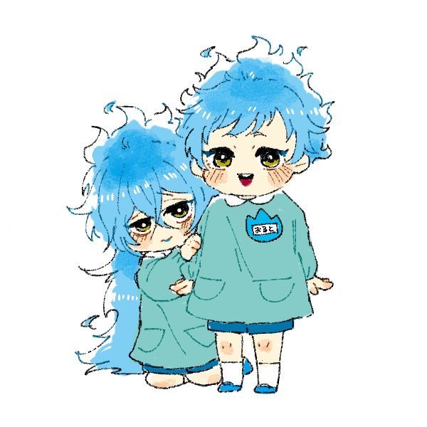 kindergarten uniform 2boys blue hair multiple boys simple background name tag yellow eyes  illustration images