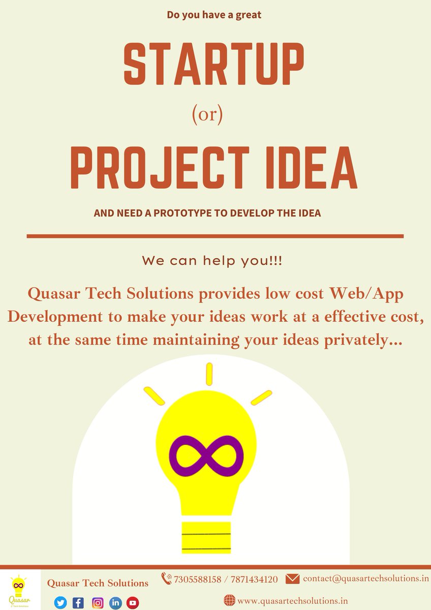 quasarcommunity's tweet image. Do you have a good Startup / Business / Project Idea and need a prototype or an application to support your Idea.

We can help you out... 

#quasartechsolutions
#mobileappdevelopment
#Appdevelopment
#websitedevelopment
#websitedesign
#business
#startups
#startupidea