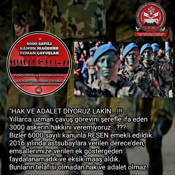 <a href="/MeralUz15384260/">Yücel Uzun</a> @yilmaz_ismet58 <a href="/tcbestepe/">T.C. Cumhurbaşkanlığı</a> <a href="/RTErdogan/">Recep Tayyip Erdoğan</a> <a href="/Akparti/">AK Parti</a> <a href="/tcsavunma/">T.C. Millî Savunma Bakanlığı</a> <a href="/alp_kavaklioglu/">𝑨𝒍𝒑𝒂𝒔𝒍𝒂𝒏 𝑲𝒂𝒗𝒂𝒌𝒍ı𝒐𝒈̆𝒍𝒖</a> <a href="/TSKGnkur/">TSK</a> <a href="/iletisim/">T.C. İletişim Başkanlığı</a> <a href="/fahrettinaltun/">Fahrettin Altun</a> <a href="/kayaismail80/">İSMAiL KAYA 🇹🇷</a> <a href="/ZehraZumrutS/">Zehra Zümrüt Selçuk</a> "ASKER MAĞDUR EDİLİR Mİ"
🇹🇷 VATAN BÖLÜNMESİN.
🇹🇷 BAYRAK YERE DÜŞMESİN.
🇹🇷 EZANLAR SUSMASIN.
Diye uzman çavuş olarak şahadete yürüdüler.
6000 sayılı yanlış kanunla, Astsubay'lara verilen 1 (bir) derece'den ve Emsallerine verilen ek gösterge'den faydalanamadılar.Eksik maaş aldılar