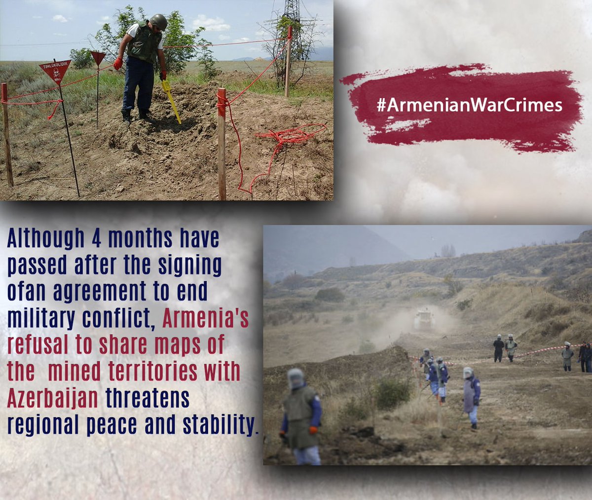caahidli's tweet photo. Of course, Azerbaijan has its own mine clearance specialists, Russian and Turkish sappers help them in this. But the area of ​​mined territories is very large, hundreds of square kilometers. #ArmenianWarCrimes #IMAD2021 #FreeUsFromLandMines https://t.co/ANdJEoaVXu