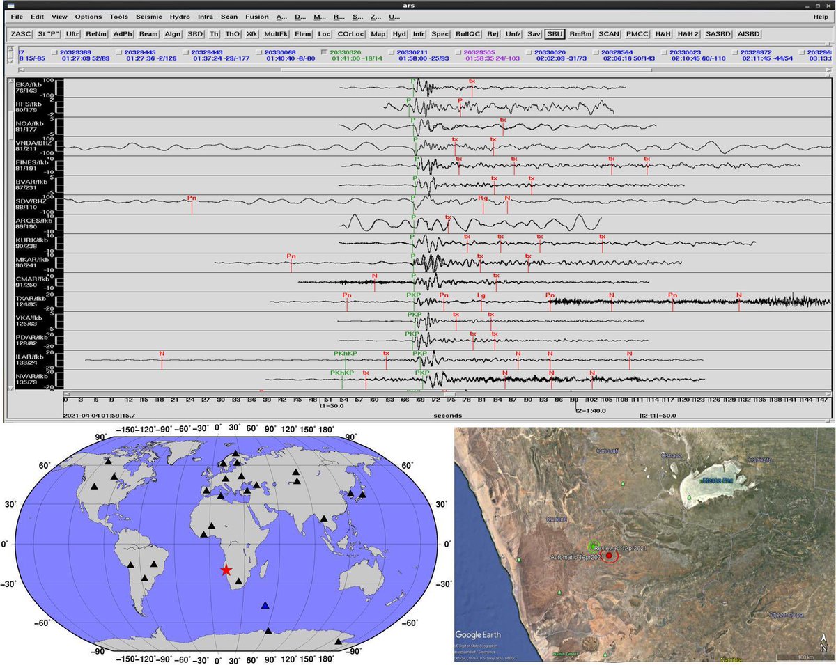 SinaZerbo's tweet photo. On this #EasterSunday 4April2021 at 01:41 UTC , Our #InternationalMonitoringSystem network detected moderate #earthquake in #Namibia🇳🇦. #IDC mb=5.3. 35 Primary seismic, 20 Auxiliary seismic, 1 infrasound and 2 hydroacoustic stations. No report of damage. https://t.co/o38k9rOhz0