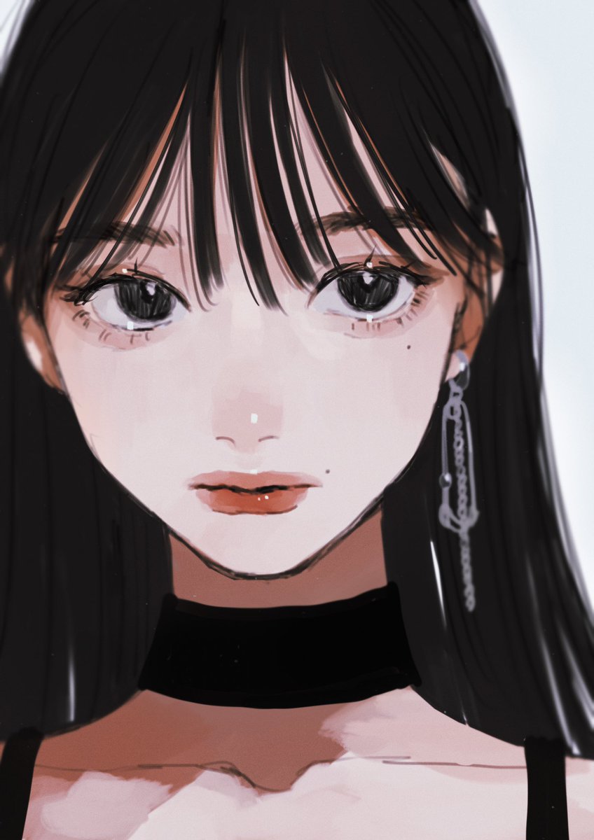 1girl solo earrings black hair mole jewelry looking at viewer  illustration images
