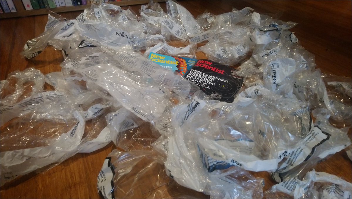 whale_nerd's tweet photo. Look how much unnecessary plastic waste 1 year of #NewScientist subscriptions produces. New Scientist articles regularly explain the detrimental health, animal welfare &amp; longterm environment impacts from plastic. @newscientist why don't you use paper envelopes? https://t.co/vIlKDF7f1A