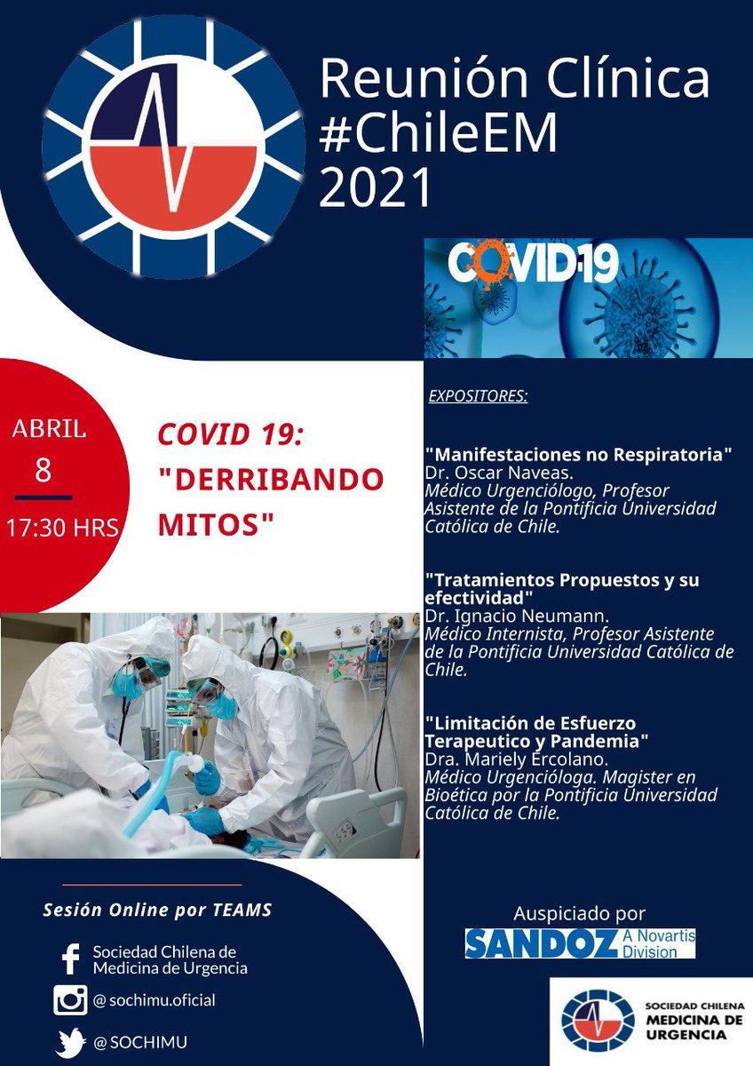 Como comité científico de la Sociedad Chilena de Medicina de Urgencia los queremos invitar a participar de un nuevo ciclo de ChileEM. 

“Covid 19 Derribando mitos”

La primera reunión será este jueves 8 de Abril a las 17.30, les compartiremos el link los días previos.