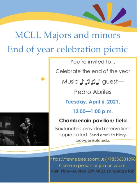 and_utc's tweet image. Come see us on Tuesday, April 6th for a celebration picnic!  At noon- in person by the UTC Chamberlain pavilion or via Zoom.  We will be giving out prizes to our award/scholarship winners.  Live music will be provided by the local artist Pedro Abriles: youtube.com/watch?v=MyUXC4…