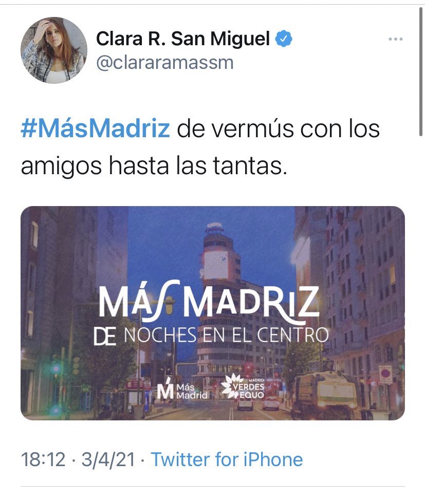 Más Madrid califica de "absoluta barbaridad" relajar las medidas en la hostelería.

Más Madrid “de vermús con los amigos hasta las tantas”.

Una cosa o la otra. Las dos no.