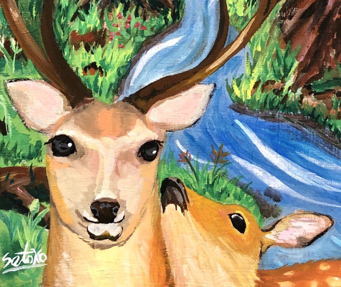 さささとこ 絵本作家 動物イラストレーター 広告も作ります 鹿の親子 原画オリジナル一点物 鹿 親子 動物 自然 森 動物イラストレーター 動物イラスト さささとこ オリジナル 一点物 原画 インテリア ミンネ Minne T Co