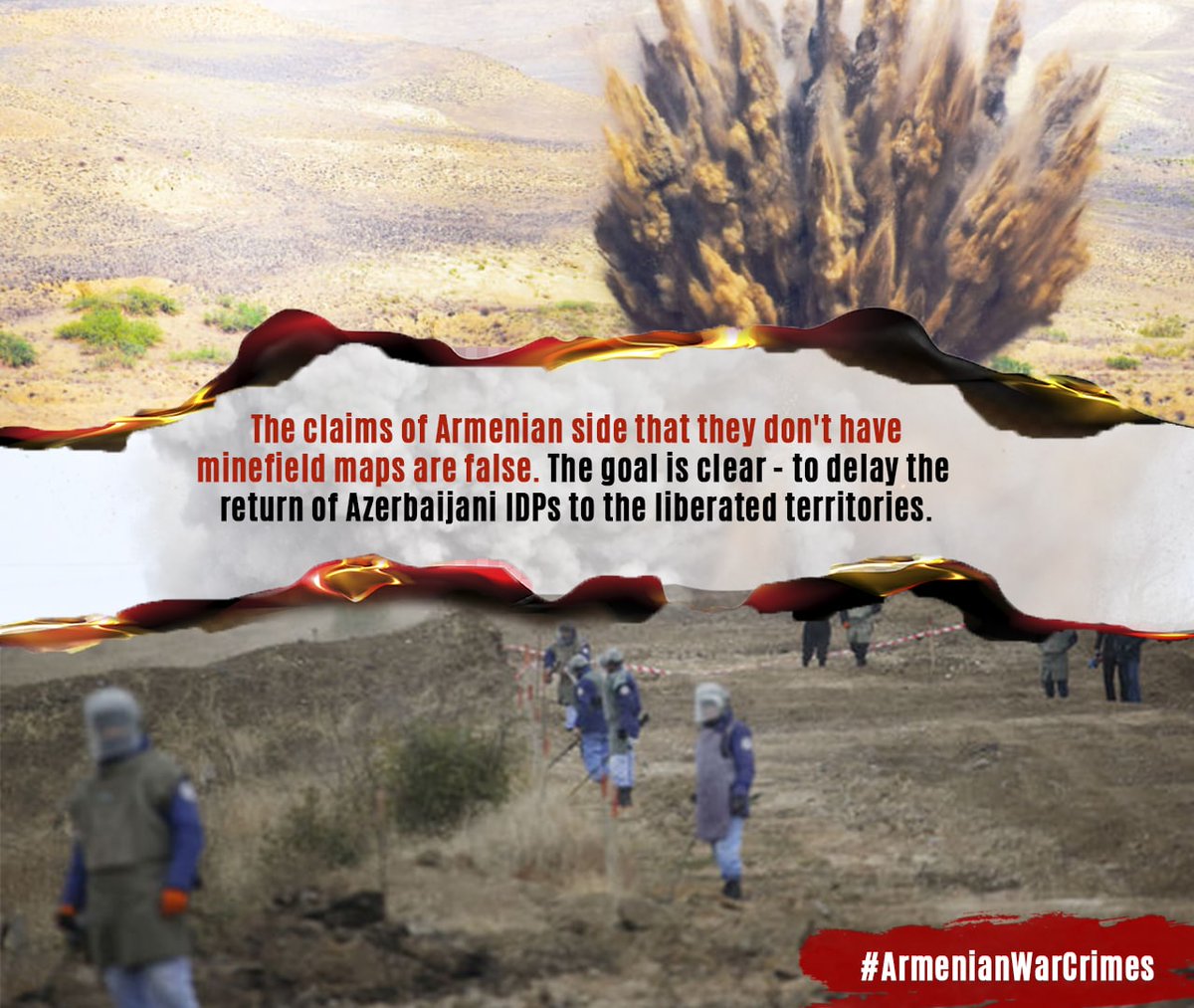 Civilians and military personnel in liberated territories can die every moment because Armenia doesn't provide minefield maps. It is a war crime! #ArmenianWarCrimes #IMAD2021 #FreeUsFromLandMines