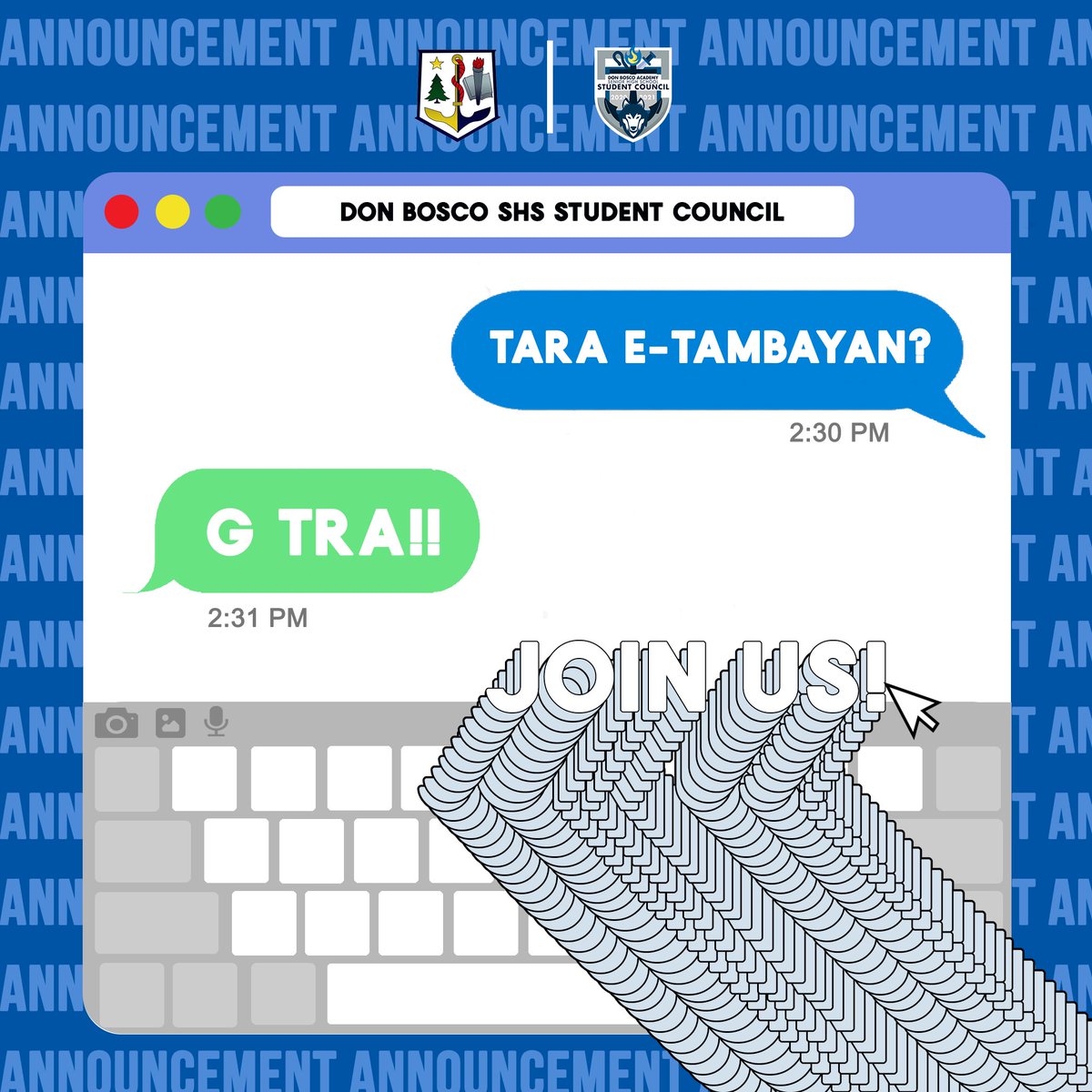 DBA_SHSSC's tweet photo. Calling all Senior High School Bosconians!

We are officially inviting you all to join our first ever E-Tambayan event this coming Tuesday (Consultation Time), April 9. Join us and be a part of lively and entertaining conversations with our hosts. See you there soon! https://t.co/l6N93SKGRs