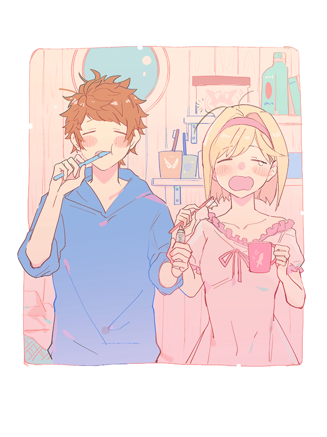 djeeta (granblue fantasy) ,gran (granblue fantasy) 1girl toothbrush 1boy blonde hair hood brown hair hoodie  illustration images