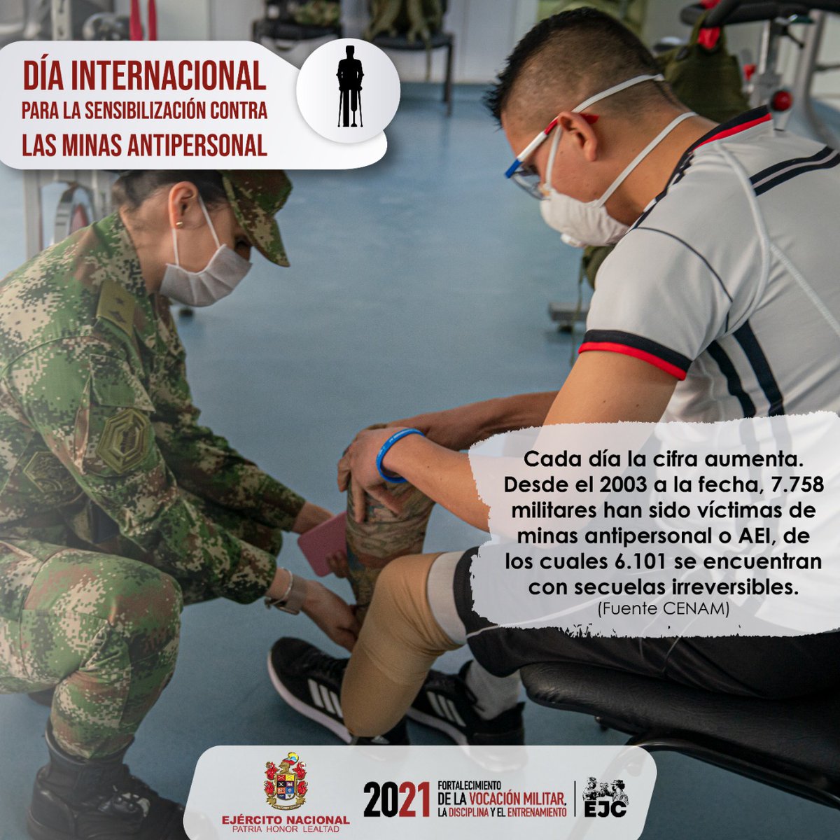 COL_EJERCITO's tweet image. Día Internacional para la Sensibilización contra las Minas Antipersonal. Desde el año 2003 a la fecha 7.758 militares han resultado víctimas de minas antipersonales o artefactos explosivos improvisados. Los soldados seguiremos trabajando por tener una Colombia sin minas.
