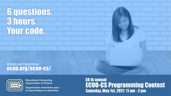 ecooorg's tweet photo. Secondary students and teachers in Computer Science!
The 2021 ECOO Programming Contest will take place online on Saturday, May 1st from 11am-2pm. Put the date on your calendar, and register by April 14th! @osstf @acseontario
#ECOO_ProgrammingContest
https://t.co/MYazwckiWd https://t.co/iyMszqLwIW