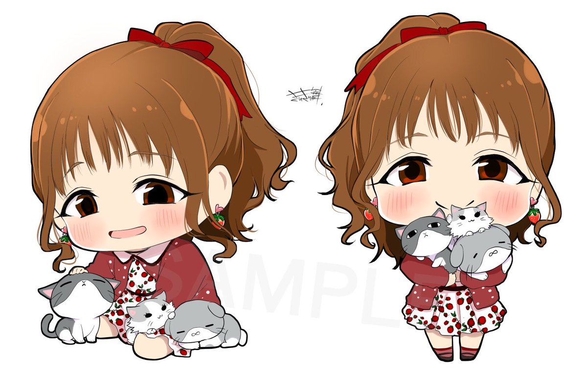 1girl chibi brown hair earrings cat blush jewelry  illustration images