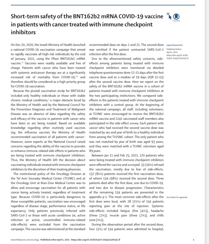 thelancet.com/journals/lanon… very promising data on safety of COVID vaccine for patients with cancer on immunotherapy ⁦@TheLancet⁩ ⁦@OncoAlert⁩