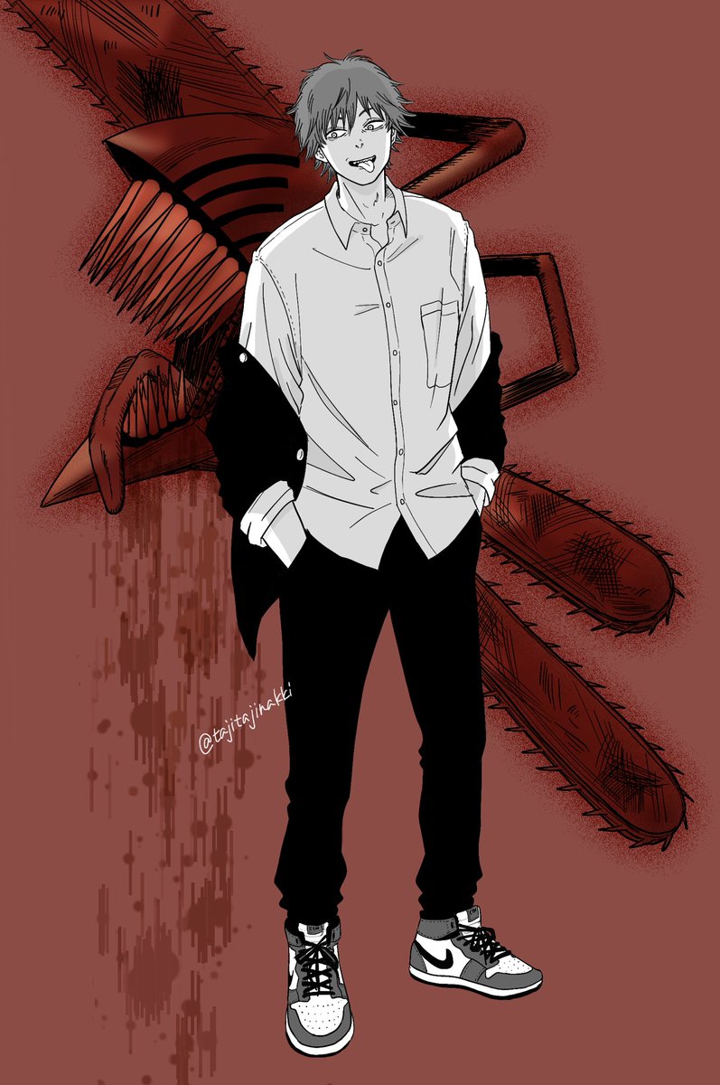 denji (chainsaw man) 1boy chainsaw shirt hands in pockets red background simple background tongue  illustration images