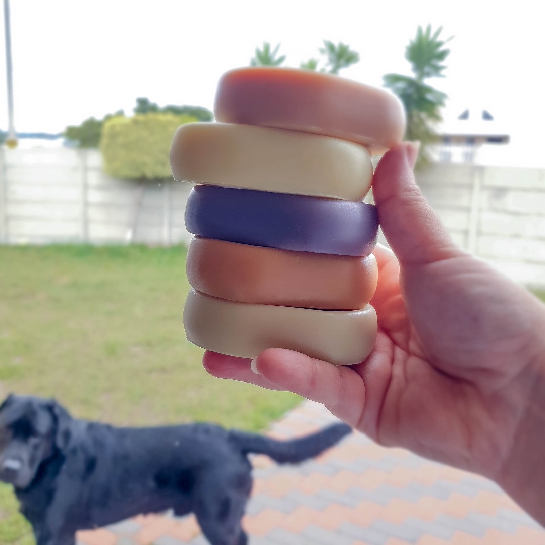 TODAY'S FREE PHOTOGRAPHY ADVICE:
1) Keep pets busy *elsewhere* 
2) Don't photograph in overcast weather
3) Adobe Lightroom can't fix everything, especially not an overexposed background 😅😎

#photograph #handcrafted #natural #shampoo #bar #fail #photobomb #labrador #soapnthings