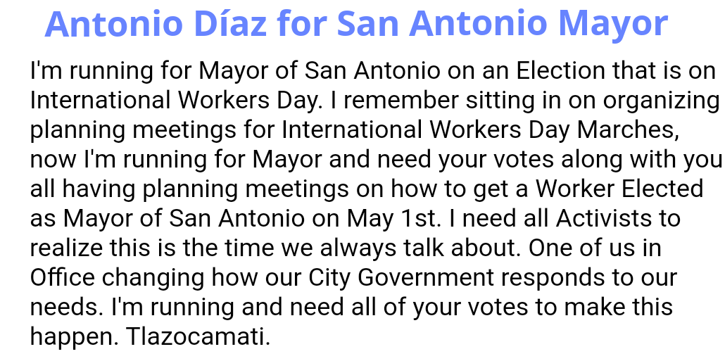 LostMapleNM's tweet photo. I will be voting Antonio Díaz on May 1st because #SanAntonio deserves a Mayor who will represent the #WorkingClass 🗳 #SAmayor #SanAnto #SATX https://t.co/Yugy7pPpTn