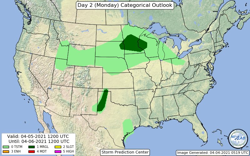 Here's an updated severe weather forecast for #Minnesota, #Wisconsin and the Dakota's states for Monday, April, 5.

In general a #MARGINAL (1/5) severe thunderstorm risk has been issued by the NWS for the upper #Midwest. #Hail and #wind is the main threat

#MNwx #WIwx #SDwx #NDwx https://t.co/2w2j7uqft0