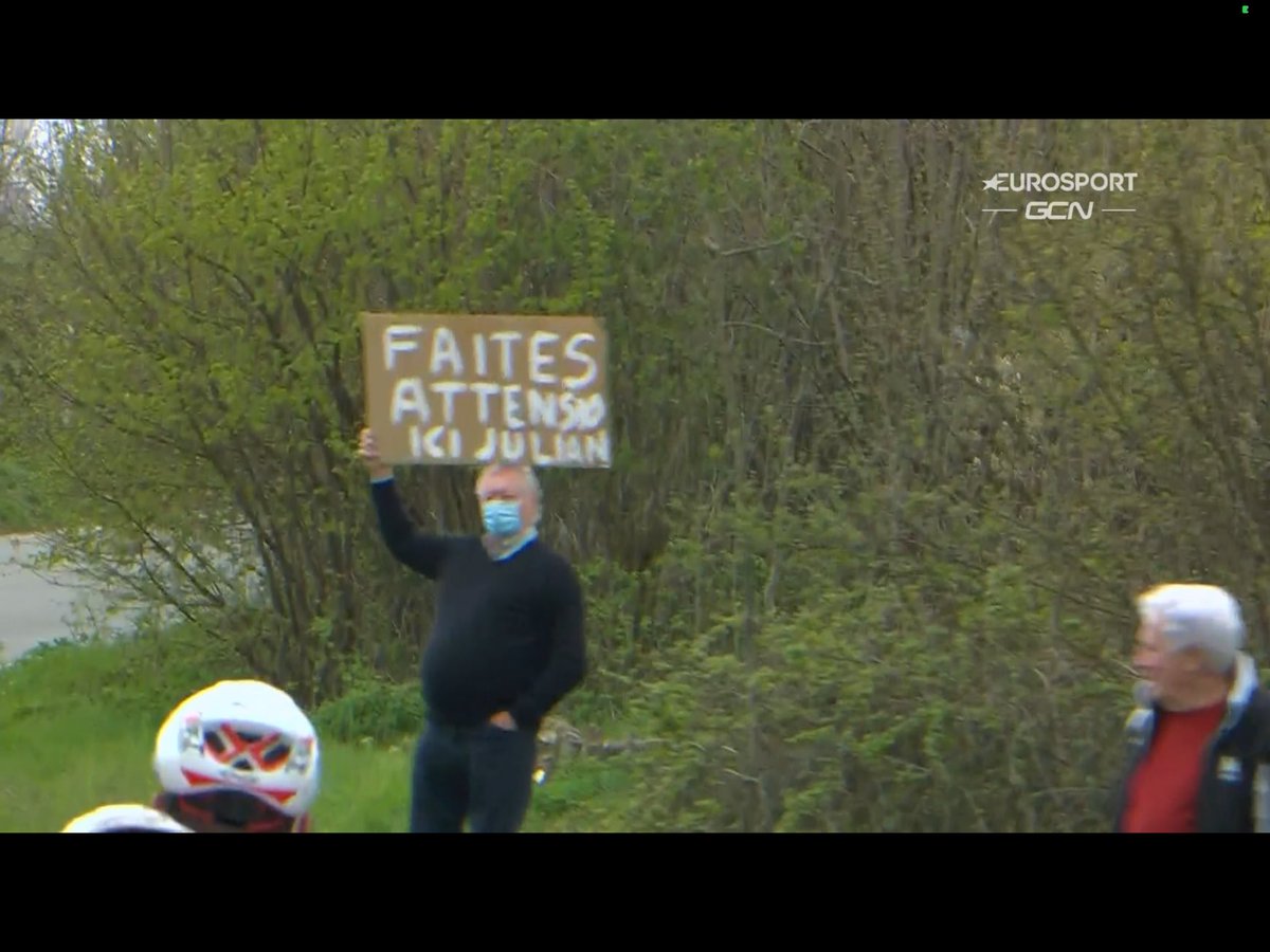 Doctor_Hutch's tweet image. On the site of Alaphilippe's crash last year, we have some sarcastic signage. I like this.  #rvv21