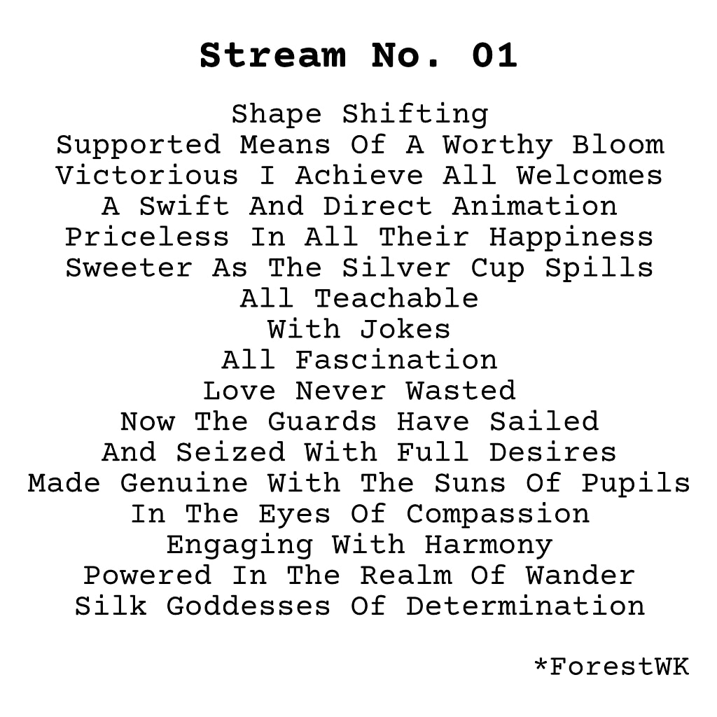 Stream No.1  #metaphysicalpoetry #poetrycollection #creativefreedom #poemsaboutlife #poemsforthesoul #abstractpoetry #poetry #poems #poetrybyme #spiritualpoetry #poetrycommunity #poetrycosmos #poemsoftwitter #forestwk #fwk #winstonkeith