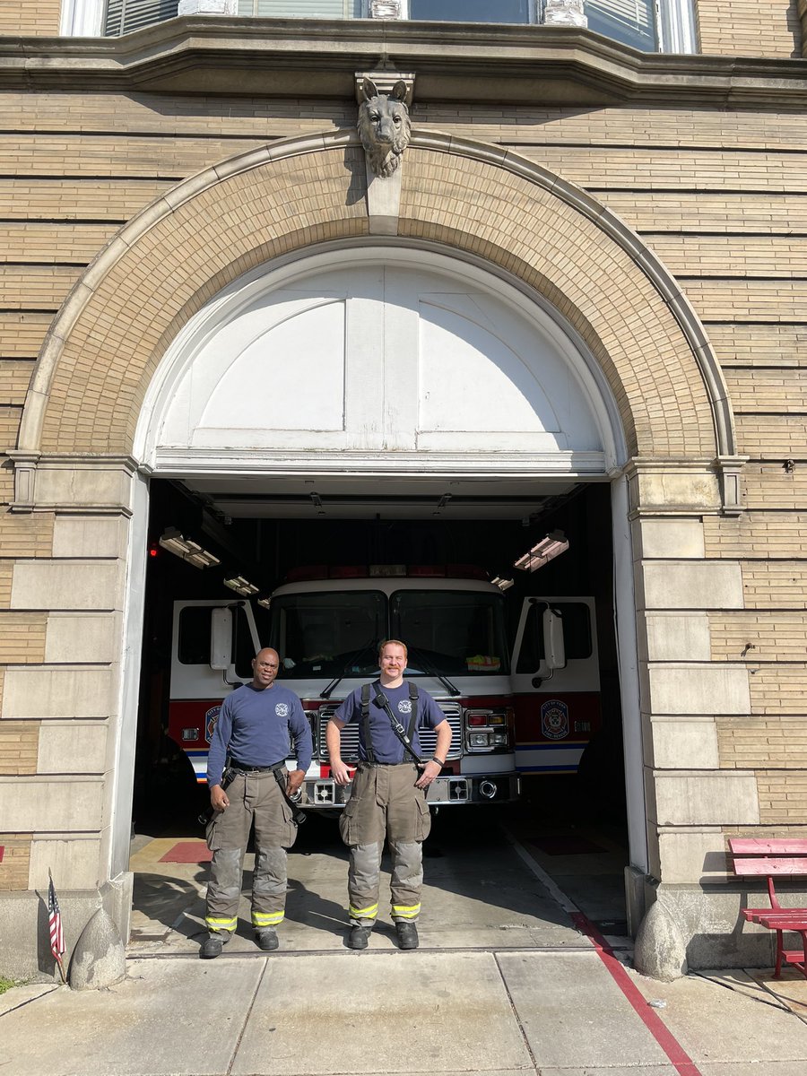 Back on the road heading northeast to Wrightsville. A 12 mile morning stroll. Bill and Alec got Easter duty at the York Goodwill #5 fire station, active since 1839. The fox above them is their mascot. Yes, they have slid down the brass pole many times in their service.