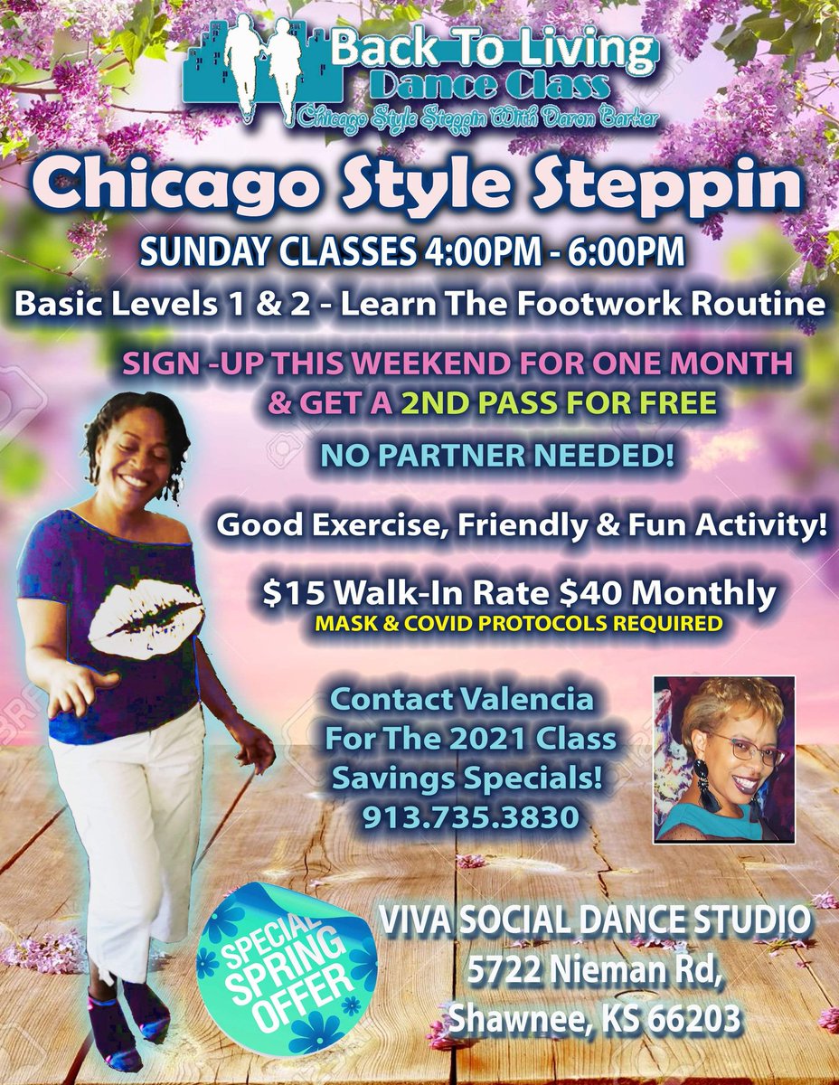 GetBack2Living's tweet image. PLEASE SHARE &amp;amp; INVITE: SUNDAY CHICAGO STYLE STEPPIN CLASS TODAY (Sunday 4–6 pm)

FACE MASK &amp;amp; COVID PROTOCOLS REQUIRED
5722 Nieman Rd, Shawnee, KS 66203

$15 drop in or $40 for a month!

NO TENNIS SHOES! Ladies bring a low heel and gentlemen bring dress shoes. 913.735.3830