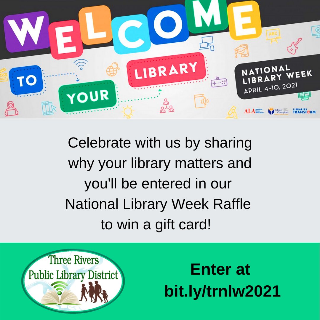threeriverslib's tweet photo. April 4-10 is National Library Week. Tell us why your library matters and you will be entered into our National Library Week Raffle to win a gift card! Entries will be accepted through April 10. Check out our NLW book list and enter the contest here: https://t.co/L0PmN5jtn1 https://t.co/bGBZG3xJUQ
