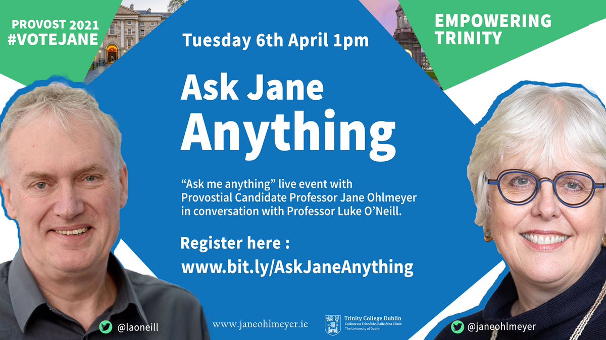 Jane Ohlmeyer (@janeohlmeyer) on Twitter photo Warmly invite you to this live Q&A moderated by <a href="/laoneill111/">Luke O'Neill</a>. 'Ask Jane Anything' is an opportunity to challenge and critique my vision for <a href="/tcddublin/">Trinity College Dublin</a>, explore my track record of delivering results, and why I am asking for your vote on Saturday, 10th April #EmpoweringTrinity Warmly invite you to this live Q&A moderated by <a href="/laoneill111/">Luke O'Neill</a>. 'Ask Jane Anything' is an opportunity to challenge and critique my vision for <a href="/tcddublin/">Trinity College Dublin</a>, explore my track record of delivering results, and why I am asking for your vote on Saturday, 10th April #EmpoweringTrinity