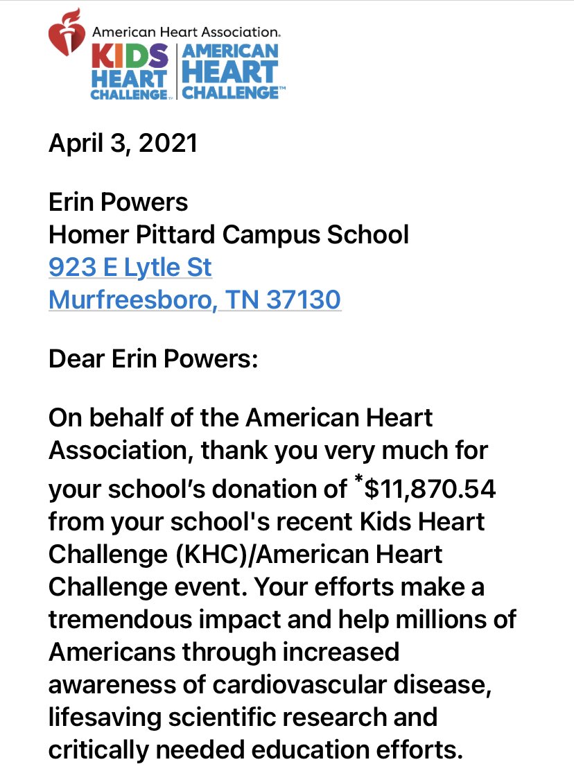 Dr. Sherry King (@drsherryking1) on Twitter photo How exciting to receive this letter! So PROUD of <a href="/HPCampus_PE/">Erin Powers</a> and <a href="/HPCS_TN/">HP Campus School</a> for the hard work to make the <a href="/KidsHeartChall/">Kids Heart Challenge</a> a huge SUCCESS! <a href="/rucoschools/">Rutherford County Schools</a> #TrueBlueLegacy #SmallSchoolBigHeart๐ How exciting to receive this letter! So PROUD of <a href="/HPCampus_PE/">Erin Powers</a> and <a href="/HPCS_TN/">HP Campus School</a> for the hard work to make the <a href="/KidsHeartChall/">Kids Heart Challenge</a> a huge SUCCESS! <a href="/rucoschools/">Rutherford County Schools</a> #TrueBlueLegacy #SmallSchoolBigHeart๐
