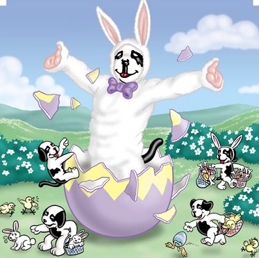 the big dogs logo dog dressed up as a bunny leaping out of an egg. he is risen
