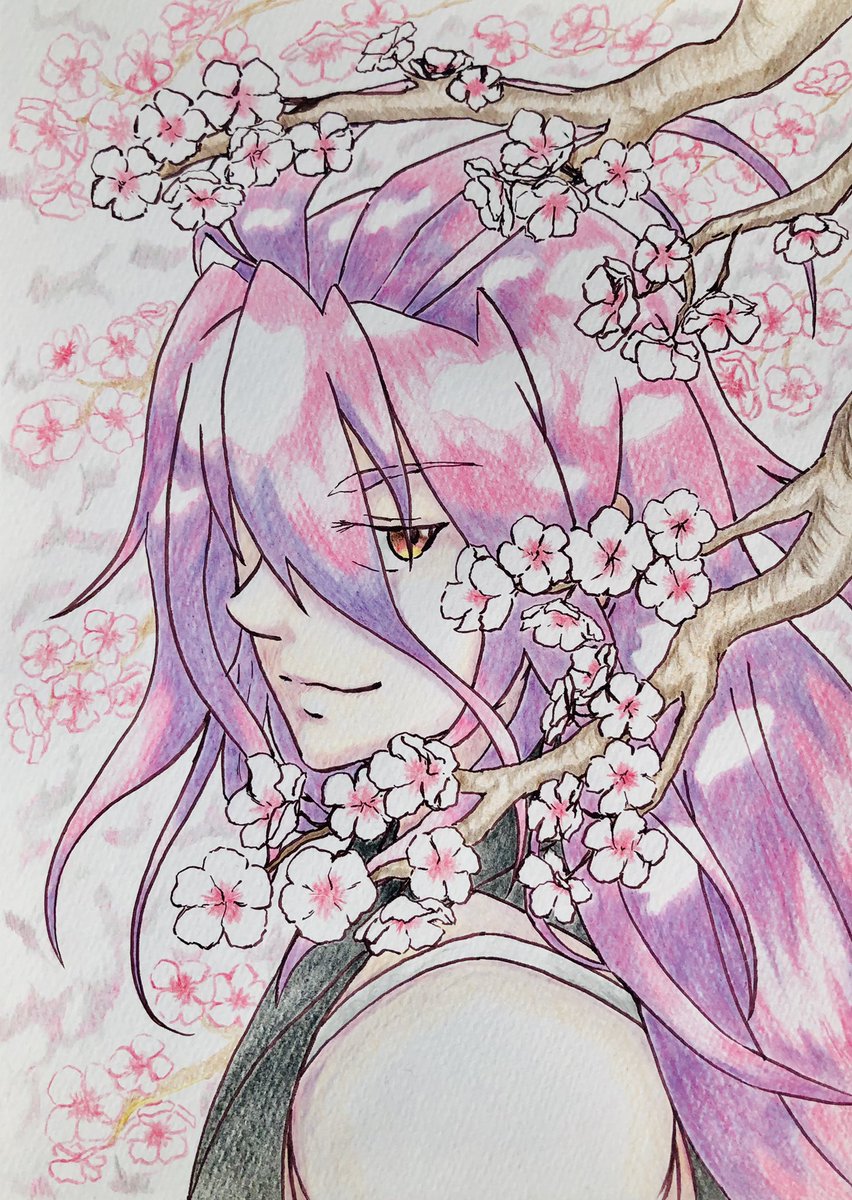 パピエル 村正と桜 今年の桜ももう終わりだけど美しかったなぁ 刀剣乱舞 千子村正 さくら 桜 色鉛筆画 アナログイラスト
