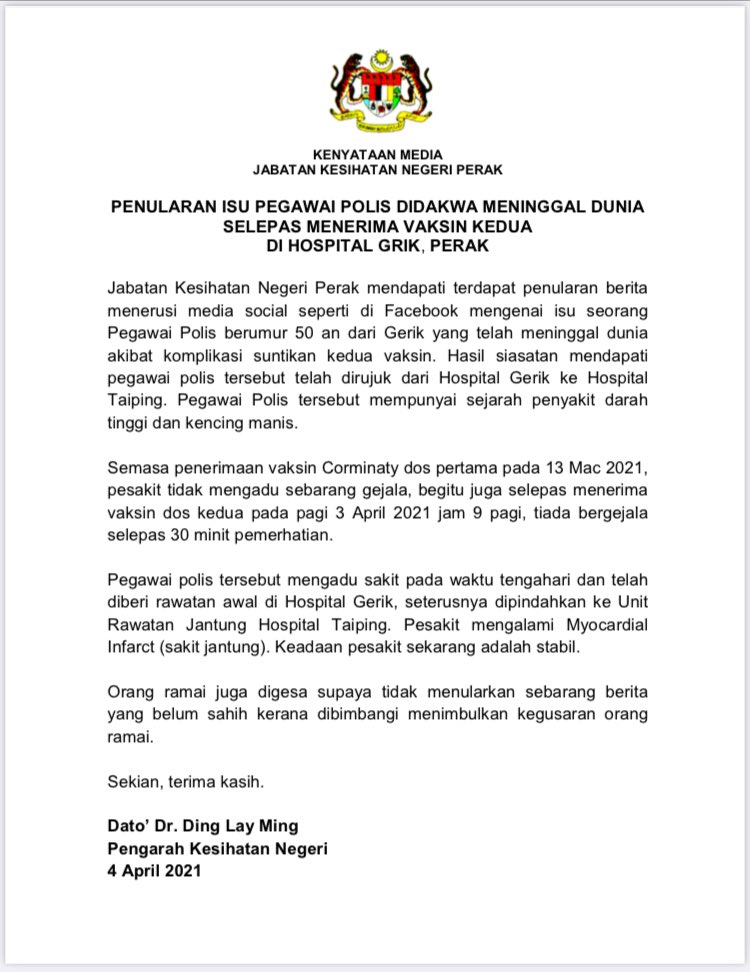 Kkmalaysia On Twitter Kenyataan Media Jabatan Kesihatan Negeri Perak Berkenaan Penularan Isu Pegawai Polis Didakwa Meninggal Dunia Selepas Menerima Vaksin Kedua Di Hospital Gerik Perak Https T Co 8vppmpen6w