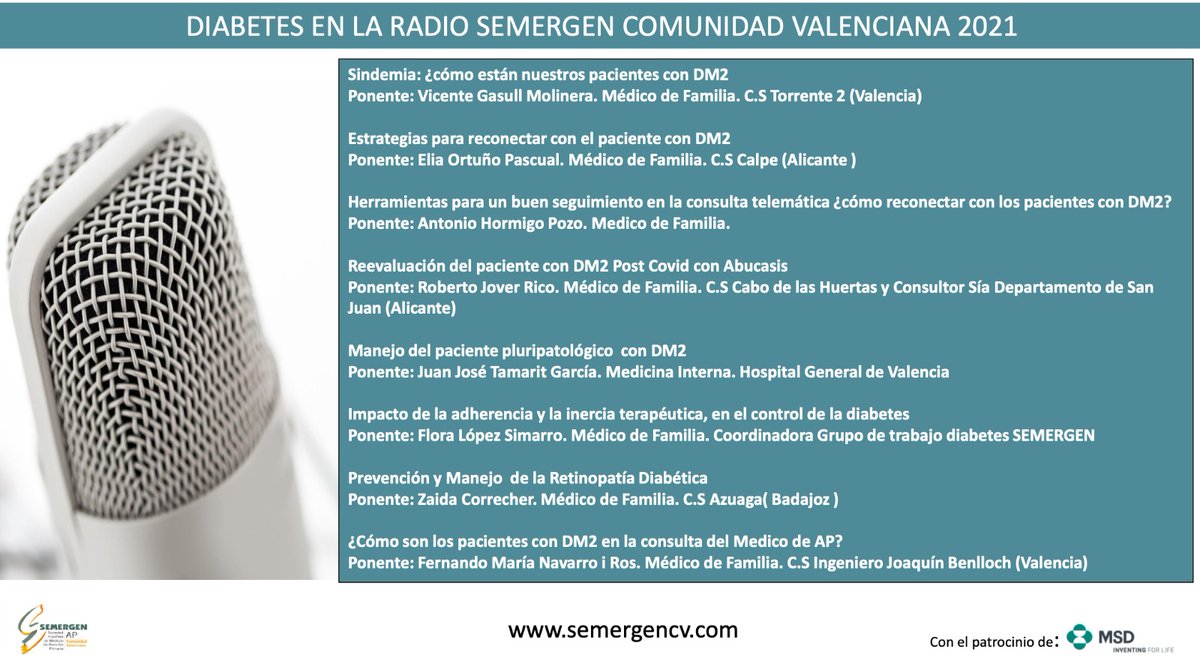 SEMERGEN_CV's tweet photo. #Diabetesenlaradio #reconectaDM2 |
🗓️Compartimos próxima programación  de la mejor update  sobre #DM con formato podcast.  Accede desde https://t.co/8bkfR6TDws
RT @ZCorrecher @rafamanuEl68 @navarro_fm @Medtorek @javiprecic  @DrFroilanSS @javikin84 @Inma_Cervera @IborPedro https://t.co/SPvTd1ASHG
