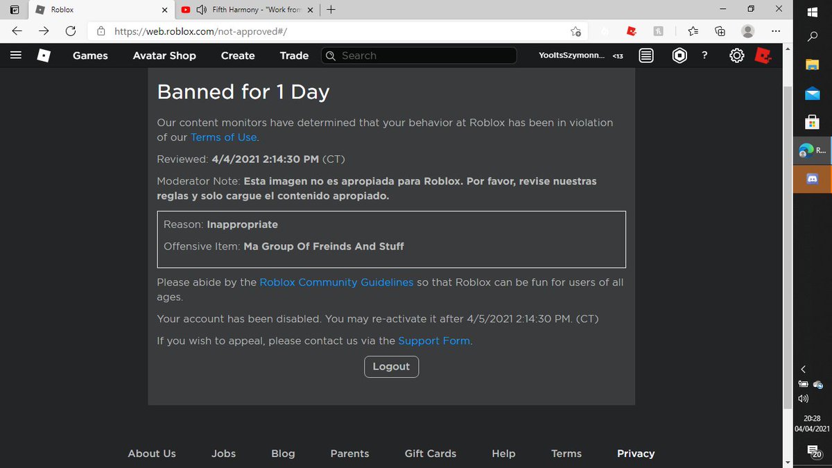 Sxymon8's tweet photo. @KonekoKittenYT @SharkBloxYT look at this i get banned for a day just bc ma group name somehow its 'innapropiate' https://t.co/cvXVy1dOXm