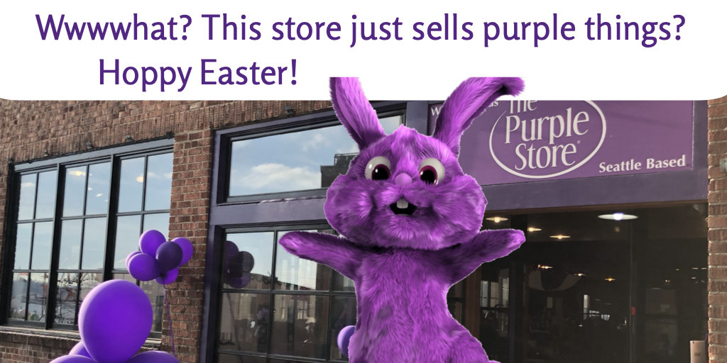 ThePurpleStore's tweet photo. Hoppy Purple Easter! This rabbit got a bit enthusiastic. How's everyone spending the day? #easter #purpleeaster #easterpurple #purple #ThePurpleStore #PikePlaceMarket #seattle https://t.co/uab41r61An https://t.co/zEqccQZpSK