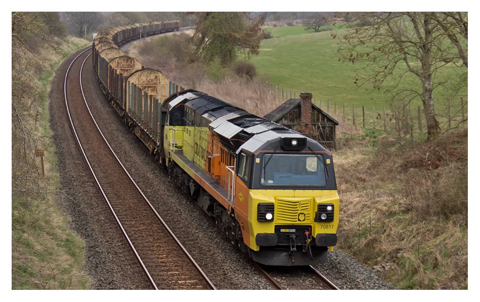 70817 heads the 6Z37 1035 Chirk Kronospan Colas Rail to Carlisle NY near Cotehill, 4th April 2021