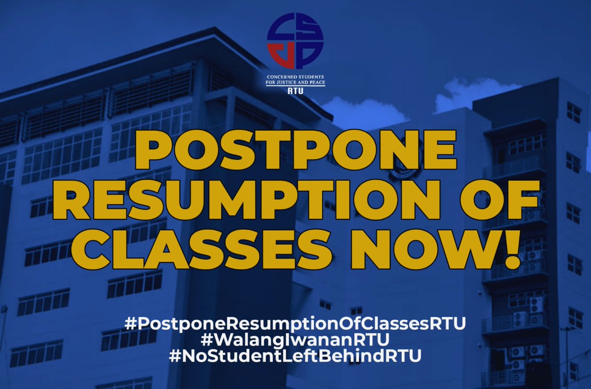 CSJP_RTU's tweet photo. POSTPONE RESUMPTION OF CLASSES!
Kaisa ang CSJP - RTU sa pagsuporta sa inihaing petisyon kasama ng mga konseho at organisasyon na ihinto pansamantala ang pagpapatuloy ng synchronous at asynchronous na klase.
#PostponeResumptionOfClassesRTU
#WalangIwananRTU
#NoStudentLeftBehindRTU https://t.co/nT8x2hXB3v