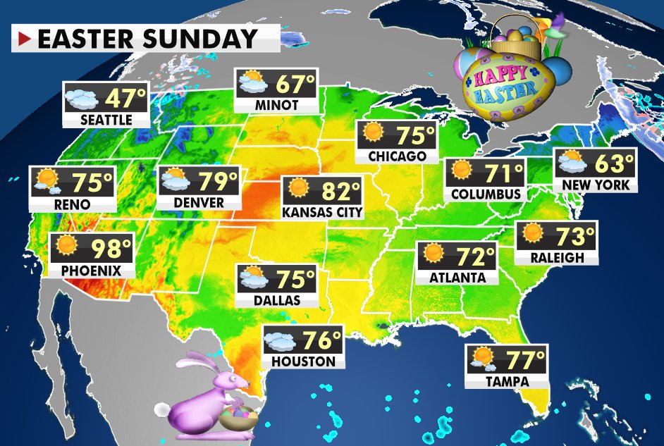 rickreichmuth's tweet photo. A dry Easter for most, and unseasonably warm across the Plains and Southwest. #Easter #EasterWeather #weather https://t.co/JLcjrbgy7w