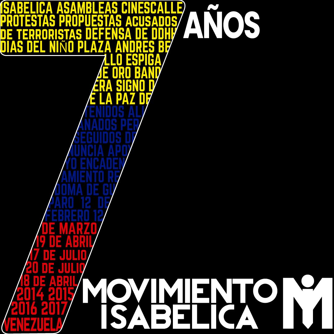 RSTIsabelica's tweet photo. ¡Es nuestro aniversario 7!
7Años desde aquel 2014 difícil para toda nuestra comunidad, que aclamaba un tanto de organización en ese grito voraz contra el régimen y la opresión. 
Así nace Movimiento Isabelica,
Gracias a todos los que han sido parte de nosotros. https://t.co/OCD6HkGZZh