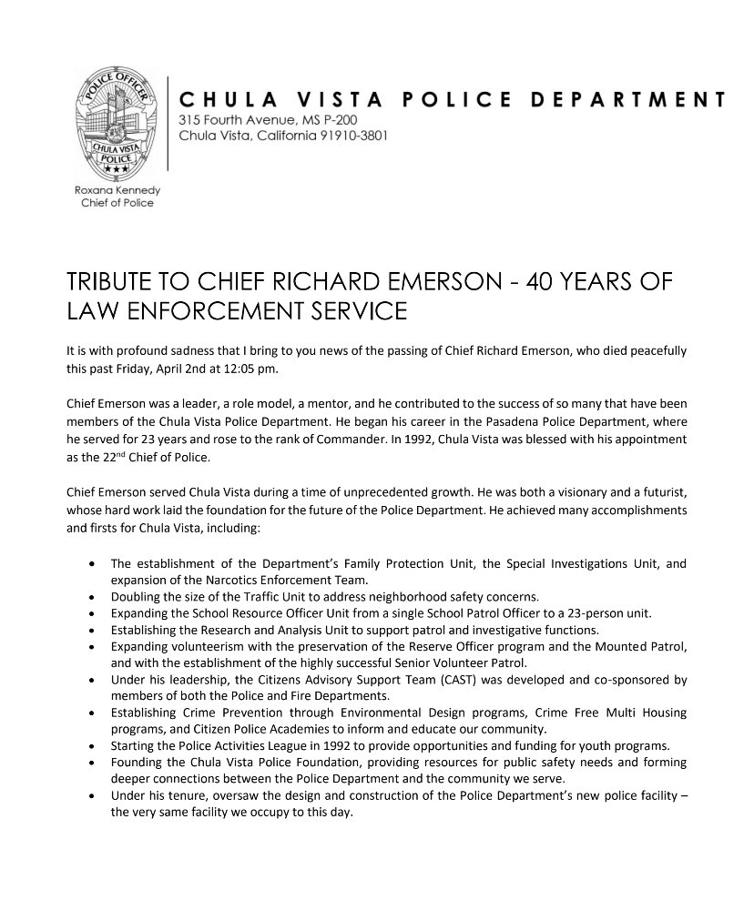 ChulaVistaPD's tweet photo. It is with profound sadness that we share the passing of Chief Richard Emerson, who passed this past Friday. Please read our tribute to his legacy. #thinkchulavista #staysafecv https://t.co/QxF1C7jCnl