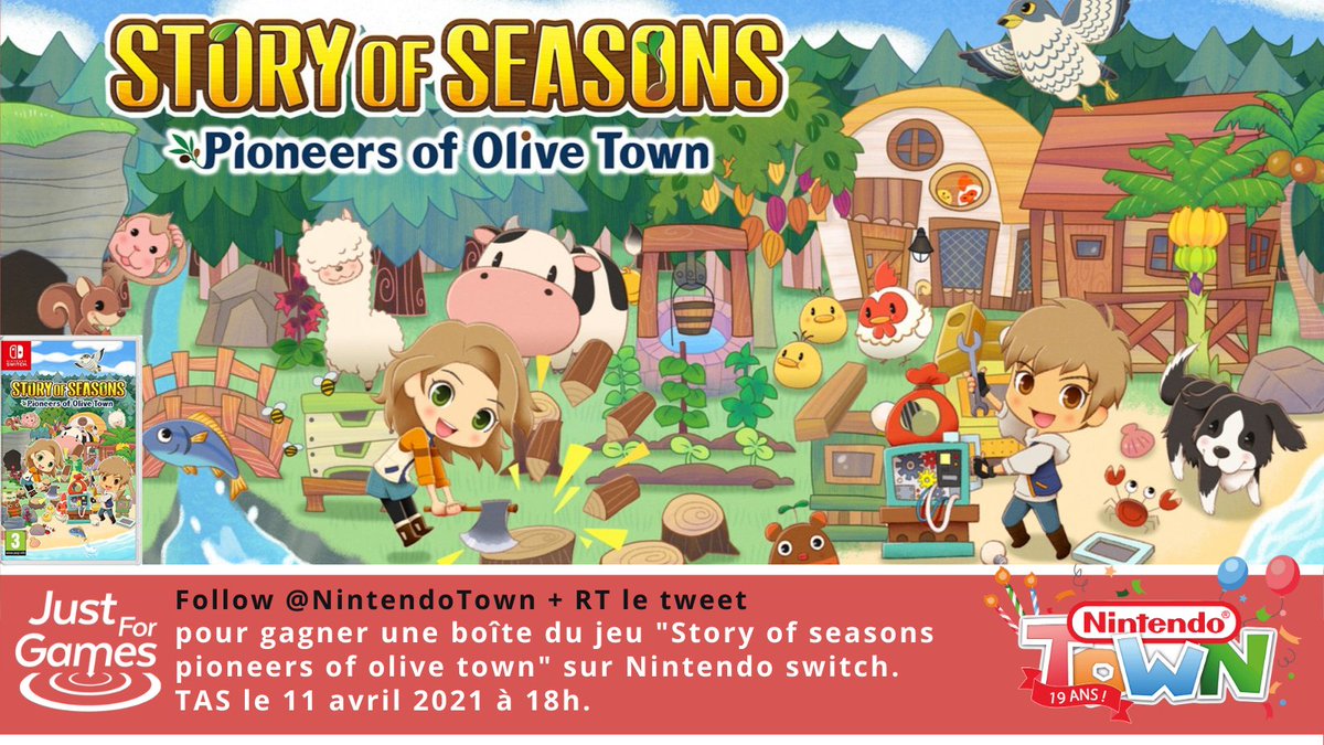 NintendoTown's tweet photo. [CONCOURS] 
🎂Pour les 19 ans de NintendoTown, on vous gâte! Tentez de remporter le jeu en version physique de  
« Story of Seasons Pioneers of Olive Town”! 

▶️Follow + RT, TAS le 11 avril à 18h.

🍀Merci @JustForGames_FR!

#concours #19ansNT #STORYOFSEASONS https://t.co/OWonAKBAoY