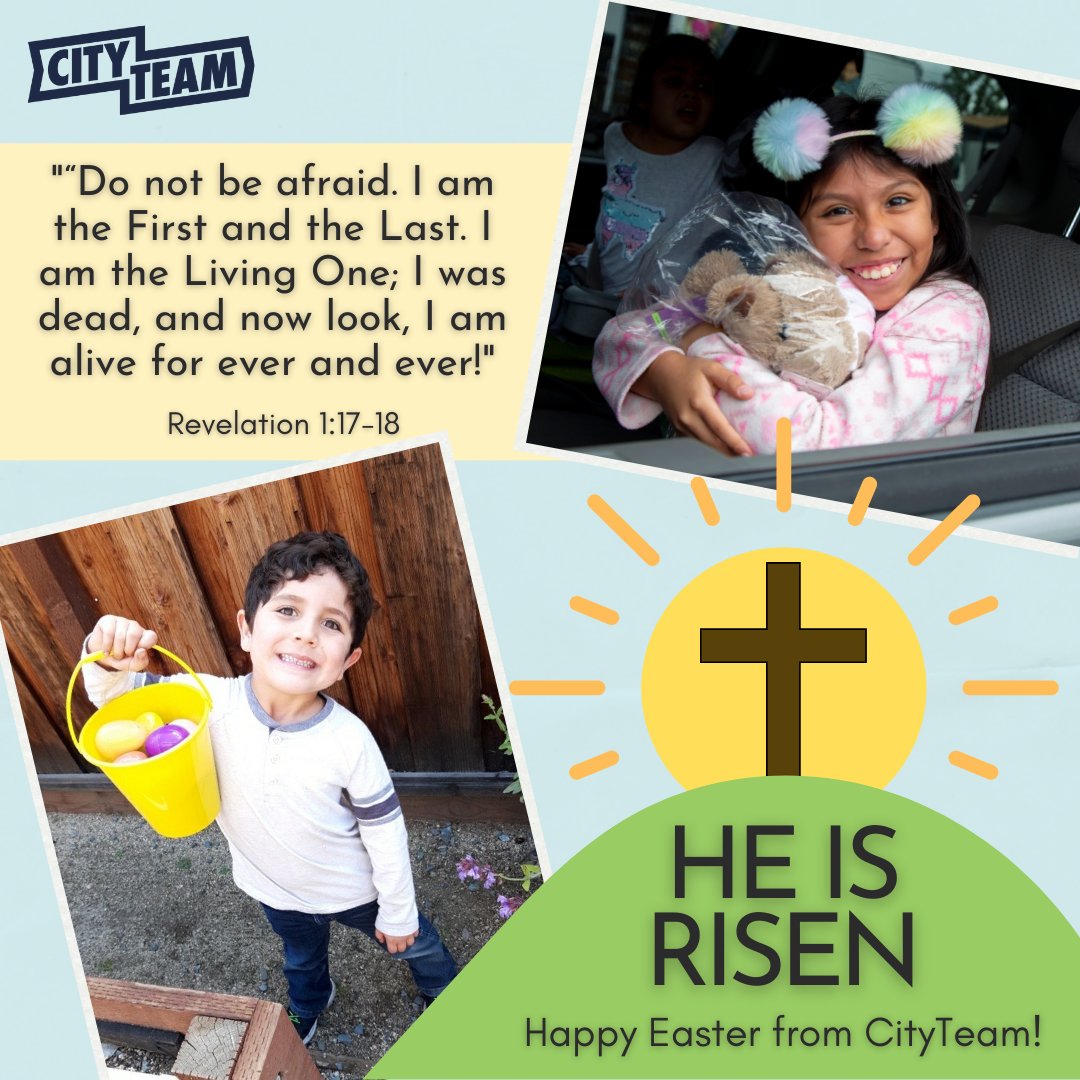 Cityteam's tweet photo. HE IS RISEN! ☀️Happy Easter from the CityTeam family! 

Today we celebrate the victorious resurrection of Jesus Christ. He is alive and at work in our communities! We pray that you feel God's perfect peace in this season of renewal and new beginnings. ❤️

#HeisRisen #Peace https://t.co/7pUDW4Yf99