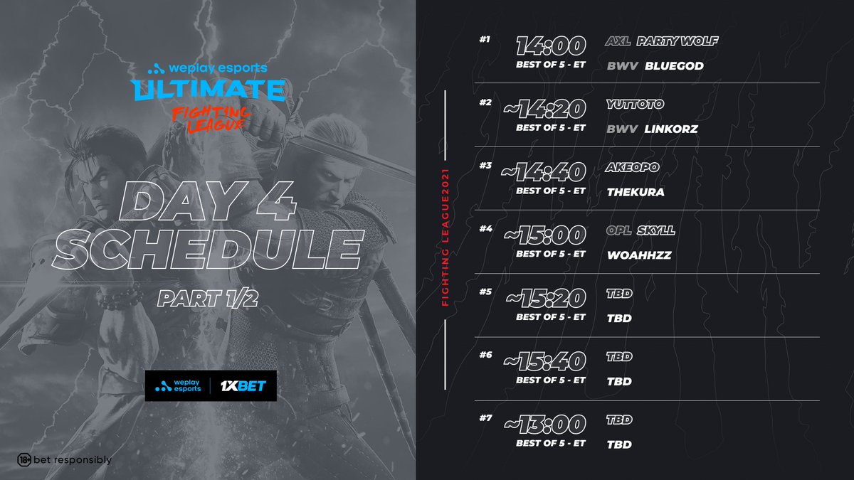 WePlayUFL's tweet image. Here is the schedule for PLAYOFFS! 

@Party_Wolf_, @Bluuegod, @upipon, @linkorz_, @AkeoPo, @thekura0611, @Skyll_13 and @ItsWoahhzz. 

Today, one of them will be crowned as the first WePlay Ultimate League Fighter - Soul Calibur VI champion! ⚔️👑

#WUFLS1 #WePlayUFL