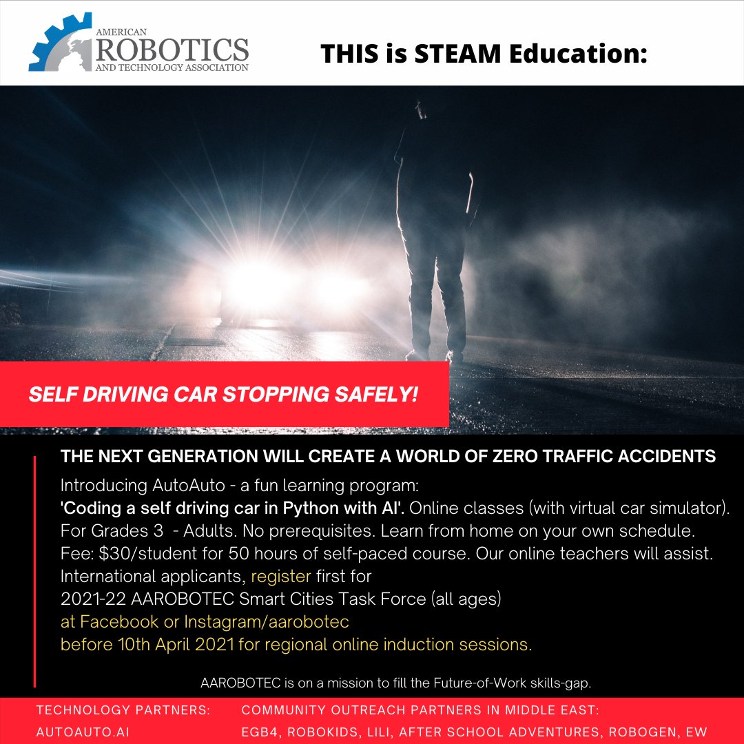 The next generation will create a world of zero #traffic #accidents. Announcing the launch of @AutoAutoAI: a #fun #learning program: '#Coding #SelfDrivingCars in #Python with #AI'. @SmartCubo @questbotics #SDGs forms.gle/2eXiJCF3buMFbL…