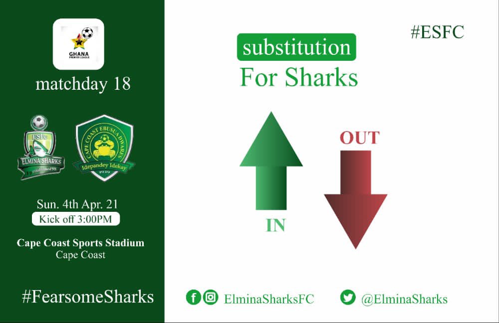 ElminaSharks's tweet photo. SUBSTITUTION 

IN : #JamesBissue 

OUT: #RashidBabaSule 

[0 - 0]

#FearsomeSharks 
#GPLwk18 
#SharksDwarfs https://t.co/QCQWUlCzdY