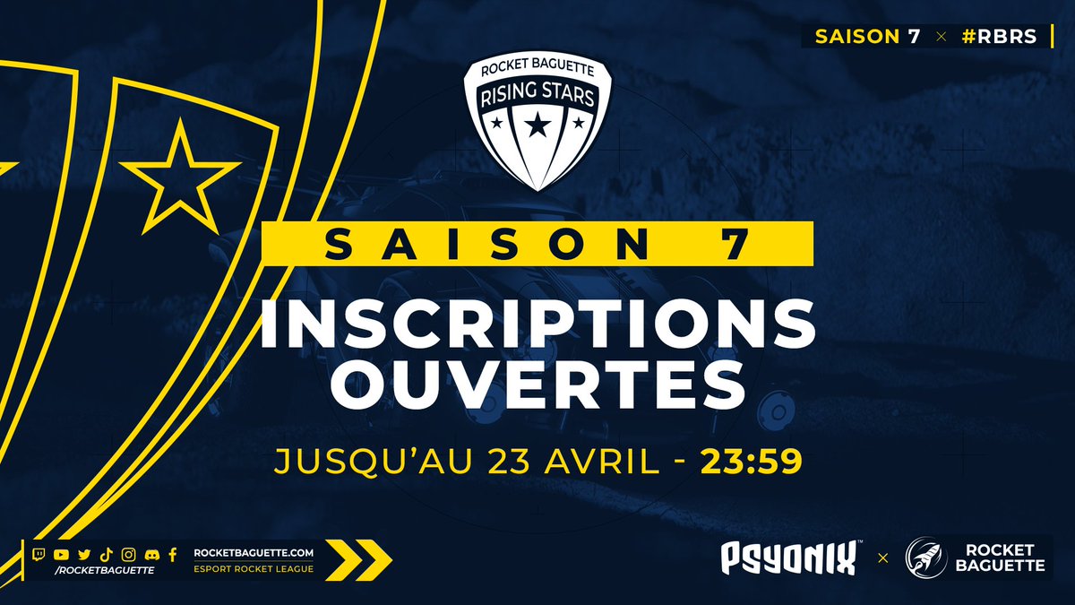 🏎️🎉 RBRS Saison 7 : top départ !
📝 Inscriptions ouvertes jusqu'au 23 Avril 23h59.
👀 Plus d'infos bientôt...

#RBRS
👉 rocketbaguette.com/rbrs/
