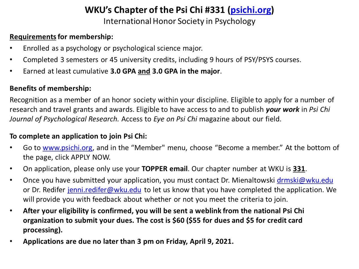 WKU_Psi_Chi_331's tweet photo. Deadline for new member applications is April 9. Eligibility in image. #PsiChi #HonorSociety @PsySciencesWKU @WKUPsychology @WKUCEBS @WkuOgden https://t.co/wE2FzKVBYo