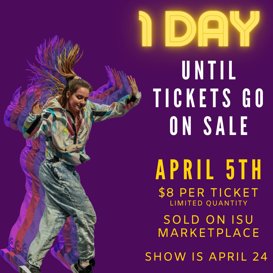 isu_dubh's tweet photo. ONE DAY until tickets go on sale for our show! 
We only have a limited quantity due to COVID, so you’ll want to get your tickets ASAP! 
Stop in the DubH office to pick your seats and purchase your tickets starting April 5th! ⚡️ https://t.co/TDs5nxMZLv